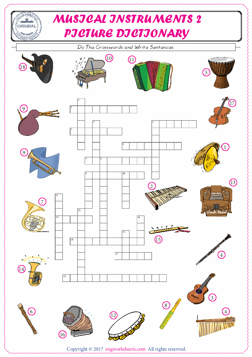  ESL printable worksheet for kids, supply the missing words of the crossword by using the Musical Instruments picture. 